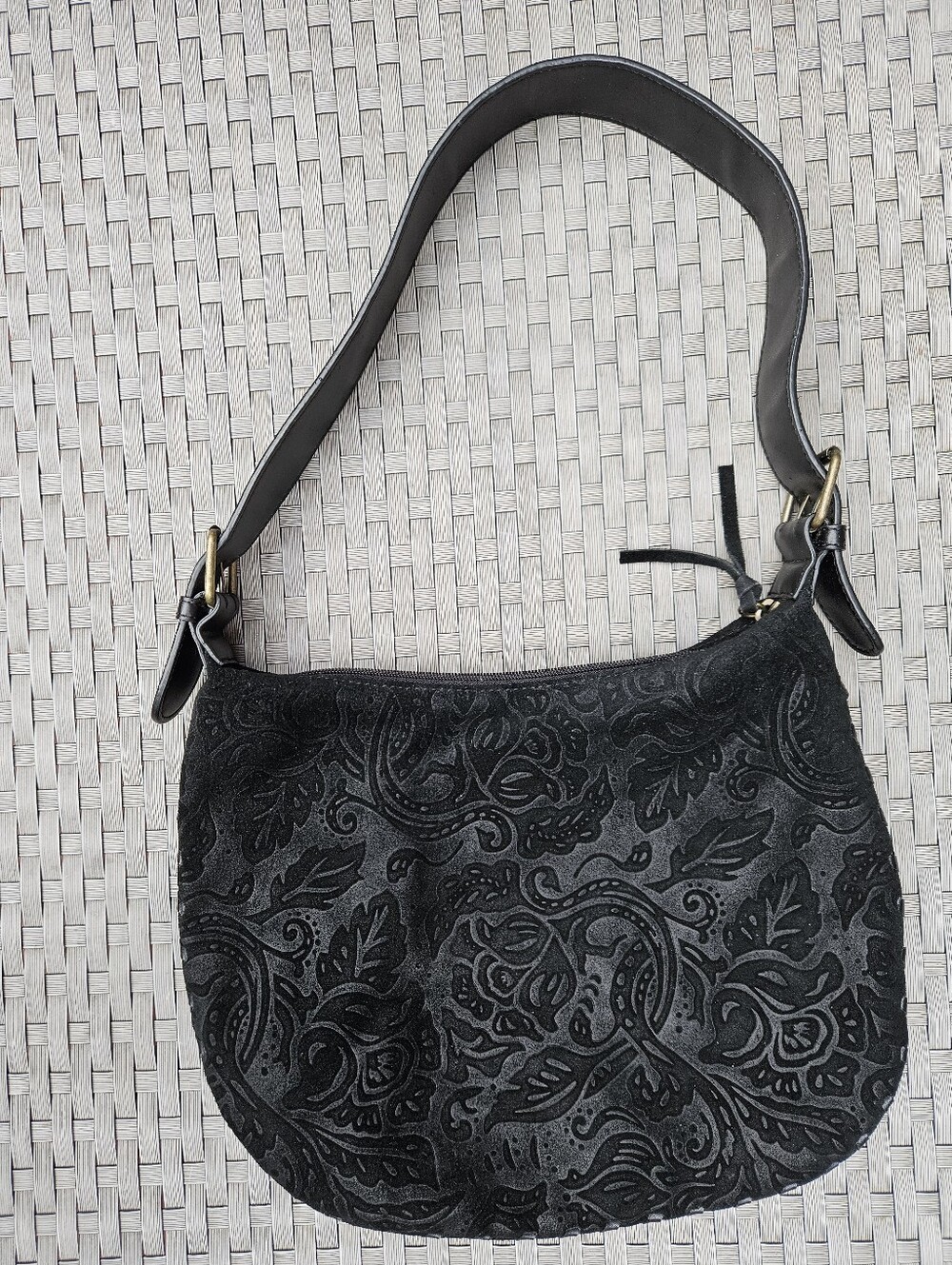 Vintage Suede Bisou Bisou Black Embossed Floral-Paisley  Hobo Bag Gold Hardware